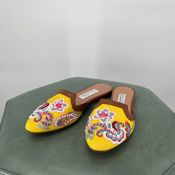 Vintage 1990s Oscar De La Renta Yellow Beaded Floral Pattern Leather Size 6.5 - Picture 7 of 7